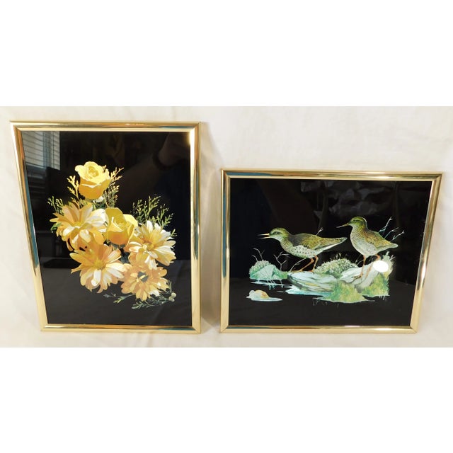 Pair Vintage 1980s Black & Gold Foil Glass Floral & Bird Framed Wall Pictures For Sale - Image 9 of 10