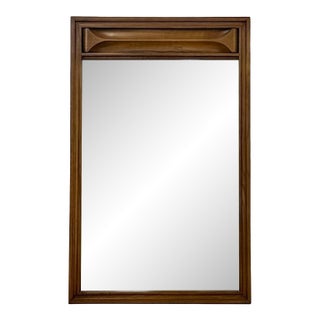 Vintage MCM Walnut Wood Mirror, Bowtie Detail Rectangle Wall Mirror Mid Century For Sale