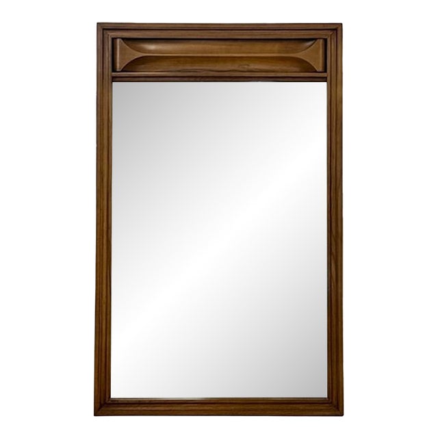 Vintage MCM Walnut Wood Mirror, Bowtie Detail Rectangle Wall Mirror Mid Century For Sale