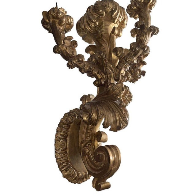 Wood Rare Pair of Early 19th Century Italian Baroque Style Giltwood Wall Candelabras For Sale - Image 7 of 10