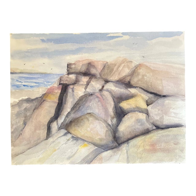 1980s Original Vintage Modernist Rocky Maine Coast Watercolor Painting For Sale
