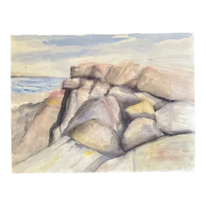 1980s Original Vintage Modernist Rocky Maine Coast Watercolor Painting