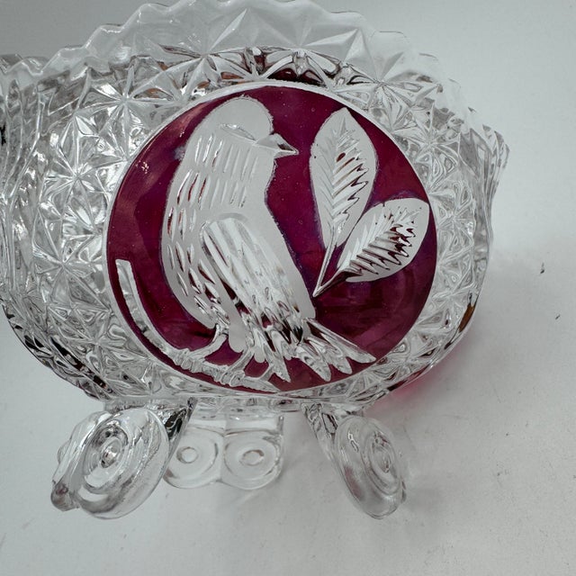 This listing is for 1- 3 toed bowl 5" 24% lead crystal Pressed, Cut Bird, Ruby Red Accent Discontinued