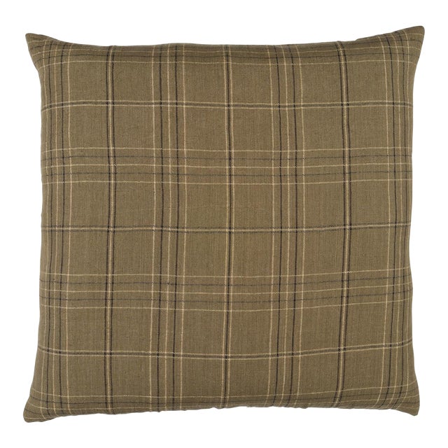 Schumacher Nils Plaid Linen Pillow In Lichen For Sale