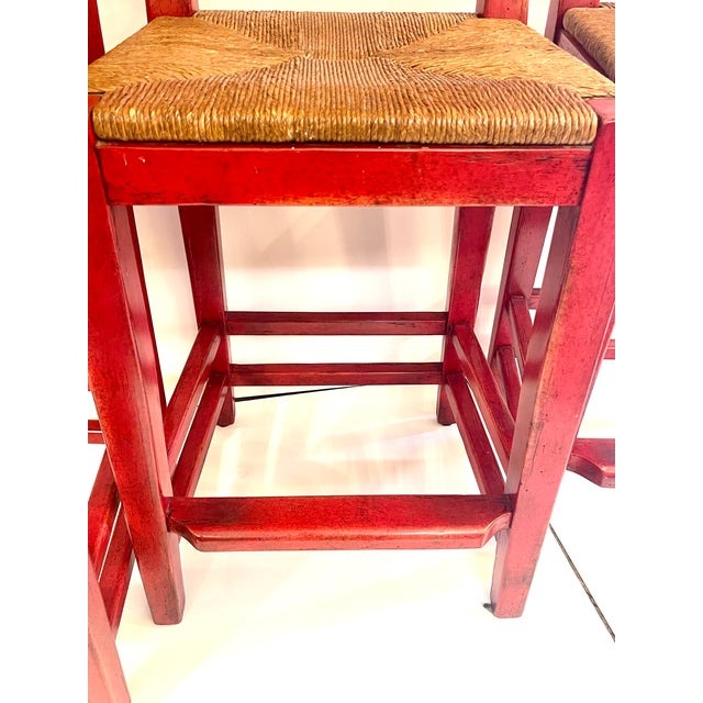 Set of 3 Wooden Counter Stools Painted Red For Sale - Image 4 of 5