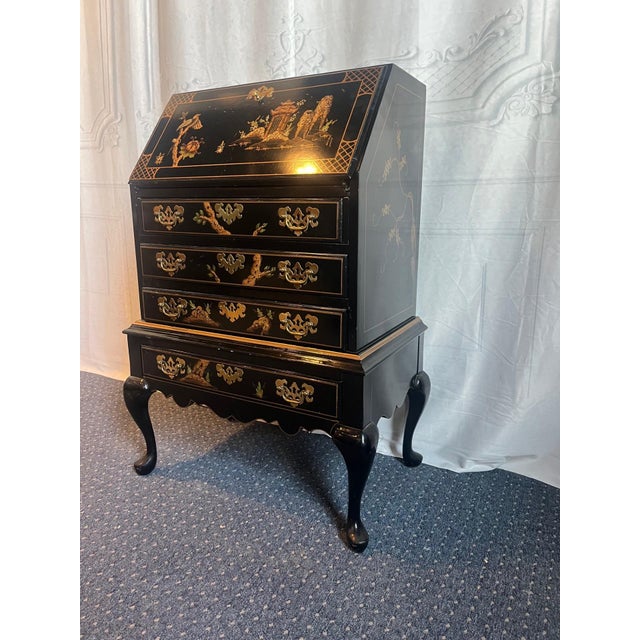 This exquisite Jasper slant-front chinoiserie black lacquer secretary desk showcases serene, traditional Asian motifs,...