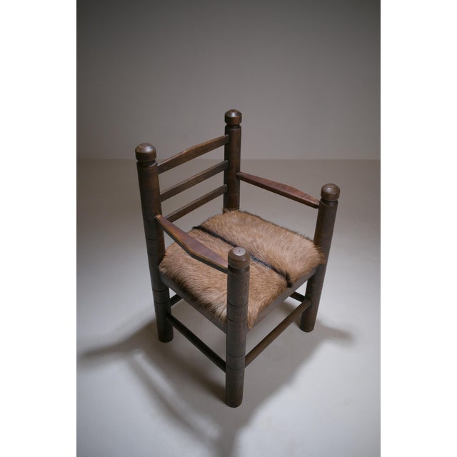 Rustic Modernist French Armchair in Stained Oak and Animal Hide, 1950 For Sale - Image 15 of 18