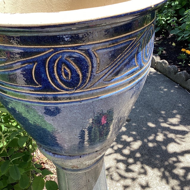 Mediterranean Style Large Pottery Studio Cobalt Blue Glazed Ceramic Planter W/Incised Tan Scroll For Sale - Image 11 of 12