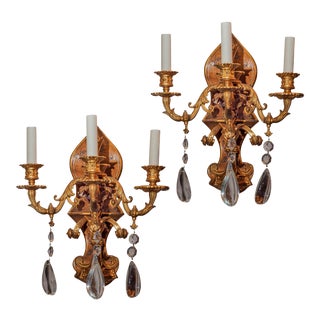 Gilt Metal Painted Chinoiserie Three-Arm Wall Light Sconces - A Pair For Sale