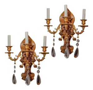 Gilt Metal Painted Chinoiserie Three-Arm Wall Light Sconces - A Pair