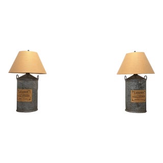 Antique French Galvanized Lavender Canister Lamps With Original Labels & Custom Burlap Shades - a Pair For Sale