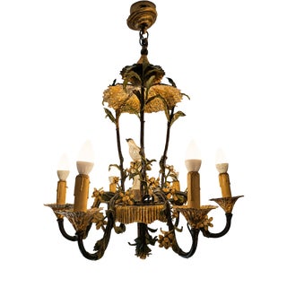 Naturalistic Chandelier in Painted Sheet Metal and Saxon Porcelain, 1950s For Sale