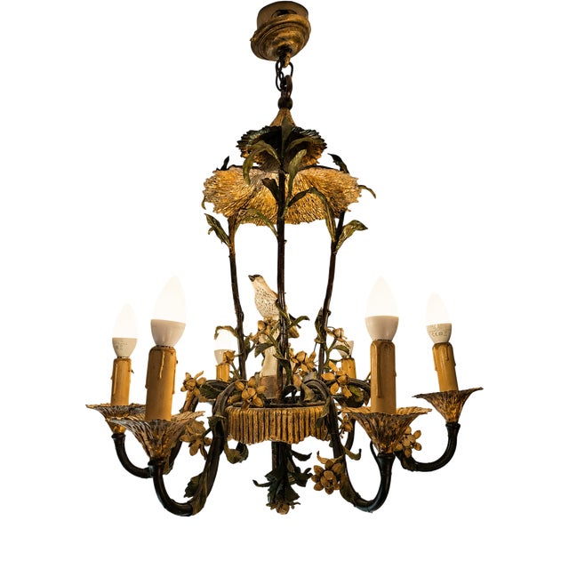 Naturalistic Chandelier in Painted Sheet Metal and Saxon Porcelain, 1950s For Sale