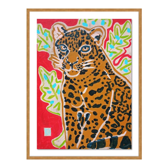 Red Jaguar by Jelly Chen in Gold Framed Paper, Medium Art Print For Sale