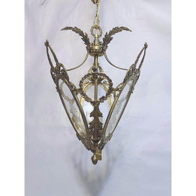 Vintage Bronze Lantern With Etched Glass Panels For Sale In New York - Image 6 of 17