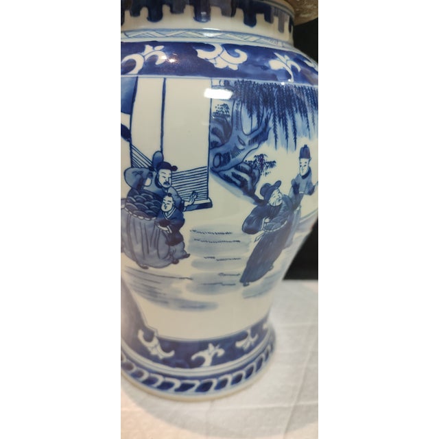 Art Deco Chinese Ceramic Pot Qing Dynasty Kangxi Marked Blue and White Porcelain Ginger Jar Hand Painted Figures Story Pattern For Sale - Image 3 of 10