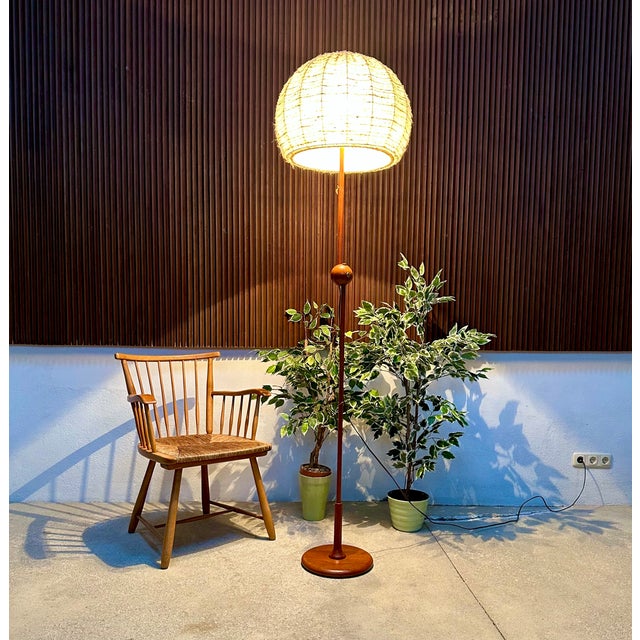 Mid-Century Modern Large Height-Adjustable Teak Floor Lamp with Brass Details and Wool Lampshade from Temde Leuchten, 1960s For Sale - Image 3 of 18