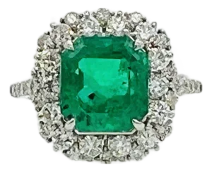 GRS Columbian Emerald Octagonal & Round Diamond Ring in Platinum, Size 6.25