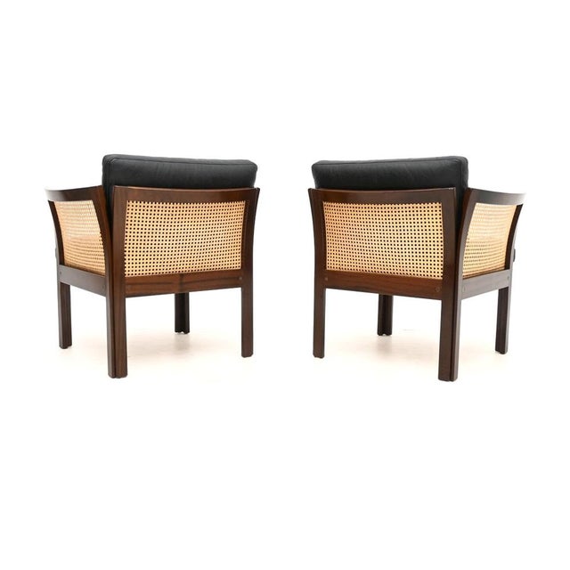 CFC Silkeborg Vintage Danish Leather and Cane Chairs by Illum Wikkelso for CFC Silkeborg, 1960, Set of 2 For Sale - Image 4 of 11