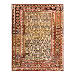 1880s Yellow Geometric Tribal Antique W. Persian Bijar Rug 5'3" X 7'7" Handknotted Wool Carpet For Sale