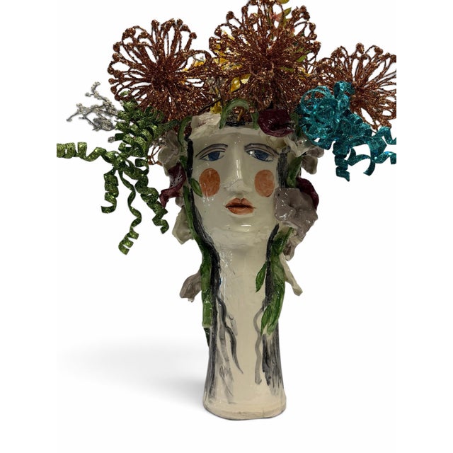 Folk Art Whimsical Artisan Avant-Garde Hand-Painted Ceramic Head Vase With Floral Crown For Sale - Image 3 of 6