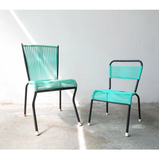 1970s Vintage Aquamarine Green PVC Laces and Black Tubular Metal Childrens Chair, 1970s For Sale - Image 5 of 6