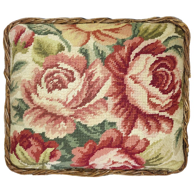 Wicker & Rose Needlepoint Footstool For Sale - Image 4 of 7