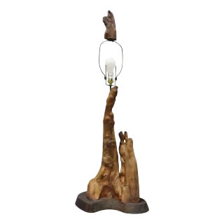 Vintage Mid Century Modern Burl Wood Tiki Jungle Room Large Table Lamp For Sale