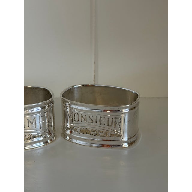 Art Deco Vintage Art Deco French Silverplate “Madame & Monsieur” Napkin Rings, Pair For Sale - Image 3 of 9