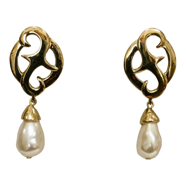 Givenchy 1980s Gold-Plated Open Work Glass Baroque Pearl Dangle Earrings, 2 Pieces For Sale
