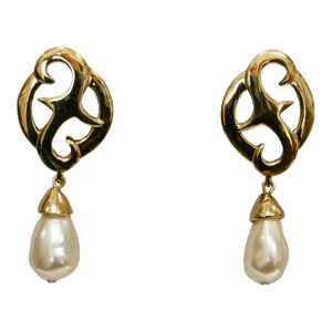 Givenchy 1980s Gold-Plated Open Work Glass Baroque Pearl Dangle Earrings, 2 Pieces