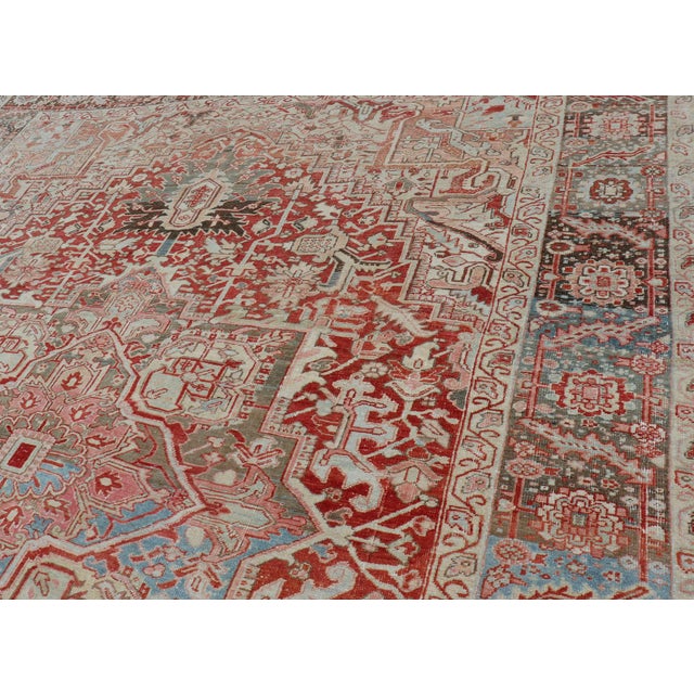 Antique Persian Heriz Rug With Central Medallion in Red and Blue 9'7 X 12'10 For Sale - Image 11 of 16