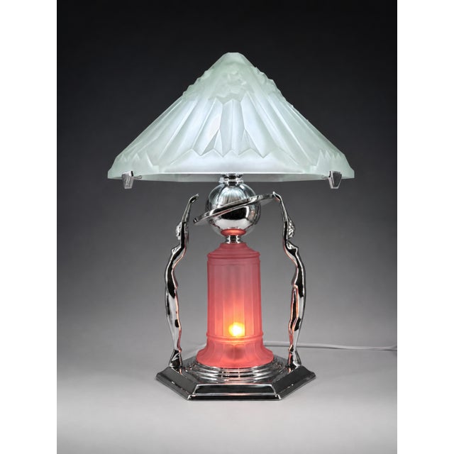A striking Art Deco-inspired table lamp designed by Rick Ramirez for Dereco Lighting, blending classic Machine Age...