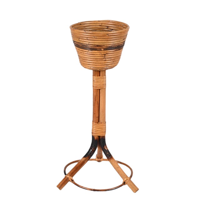 Amazing mid-century curved bamboo and wicker flower or plant stand. This fantastic object was designed in Italy during the...