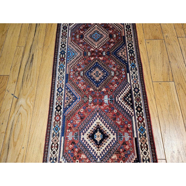 Vintage Persian Shiraz Tribal Runner Rug, Hand-Knotted Wool, Geometric Medallion Pattern, Red & Blue, 3x10 For Sale - Image 9 of 15