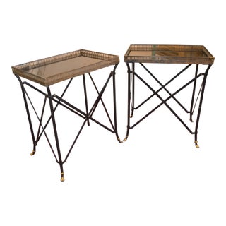 1990s Pair Black Metal / Iron Gold Gallery Edge Side or End Tables With Paw Feet & Gray Marble Tops For Sale