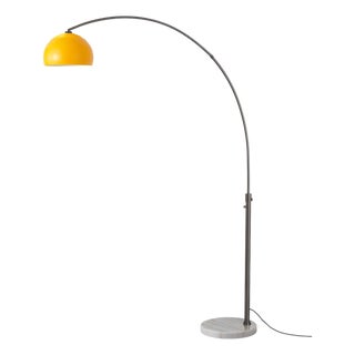 1960s Half Dome Nova of California Floor Lamp - Mid Century Modern, Mustard Steel Shade, Black Nickel Finish, White Marble Base For Sale