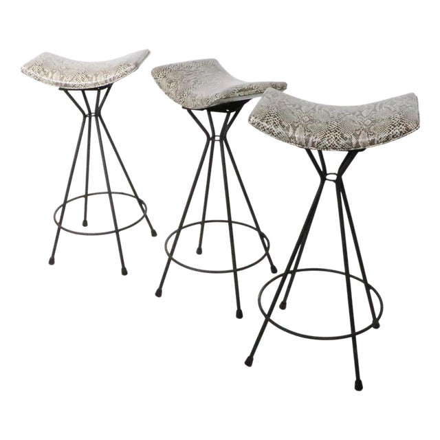 Set of Three Mid 20th Century Swivel Bar Stools in New Faux Python Vinyl Upholstery For Sale
