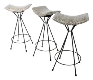 Set of Three Mid 20th Century Swivel Bar Stools in New Faux Python Vinyl Upholstery