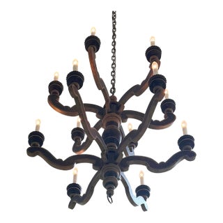 Paul Ferrante Style - Large French Provincial Two Tier 12 Light Wooden Chandelier For Sale