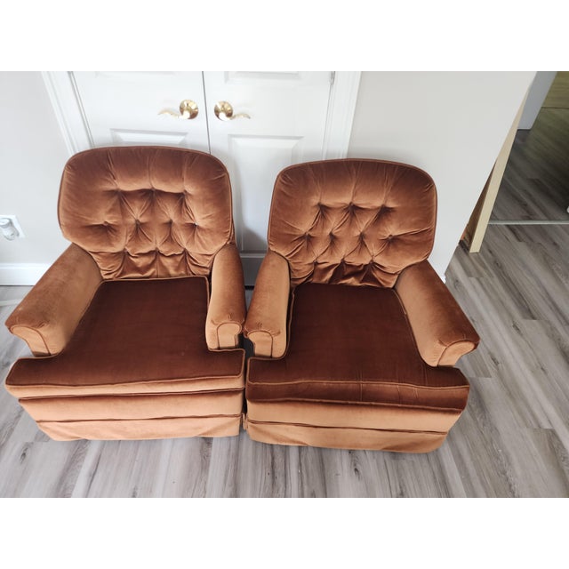 Vintage Rust Colored Tufted Velvet Rocking and Swivel Club Chairs- A Pair For Sale - Image 11 of 11