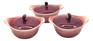 Set of 3 Hull Usa Crescent Casserole Dishes With Lids – Strawberry Maroon Glaze