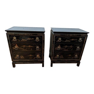Mid 20th Century Black Lacquered Chinoiserie Nightstands - a Pair For Sale