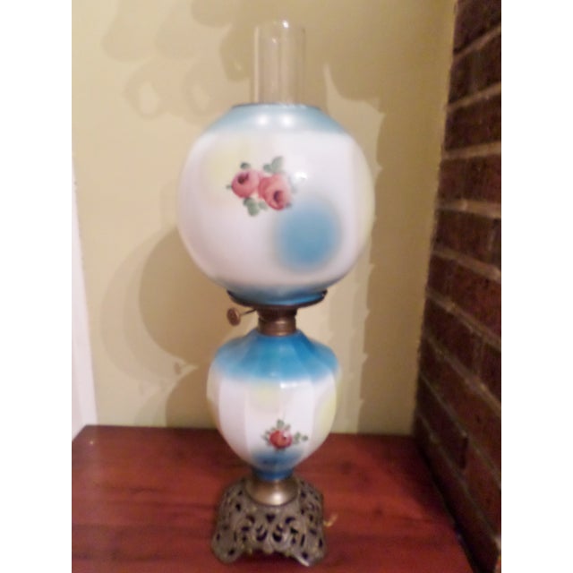 Victorian Antique GWTW Porcelain 20" Lamp & Ornate Brass Base W/ Hand Painted Cherubs For Sale - Image 3 of 10