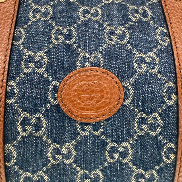 Blue Gucci Denim Gg Supreme Canvas and Brown Leather Duffle Bag, Spring/Summer 2022. For Sale - Image 8 of 13