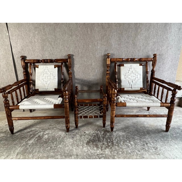 Mid 20th Century Vintage French Mid Century Rope Chairs With Drink Table Set in the Style of Adrien Audoux & Frida Minet For Sale - Image 9 of 12