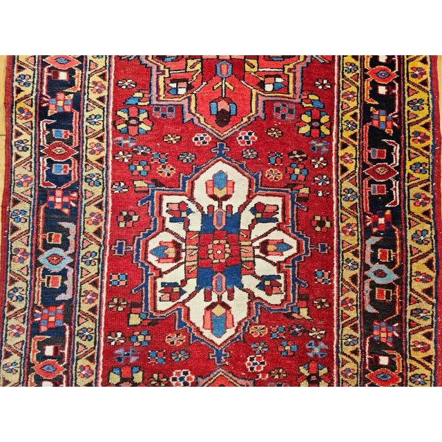 Vintage Persian Heriz Wide Runner, Hand-Knotted Wool, Geometric Design, Red & Navy, 4x12 For Sale - Image 16 of 18