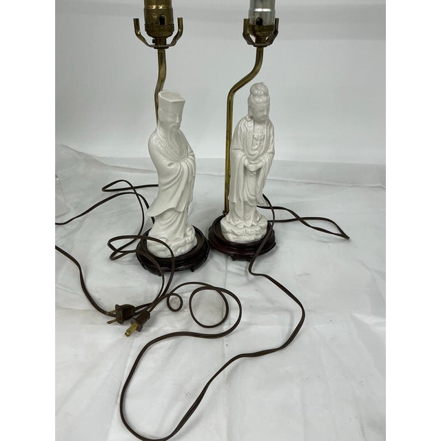 Pair of Asian Style Vintage Blank De Chine Porcelain Figural Lamps For Sale - Image 11 of 12