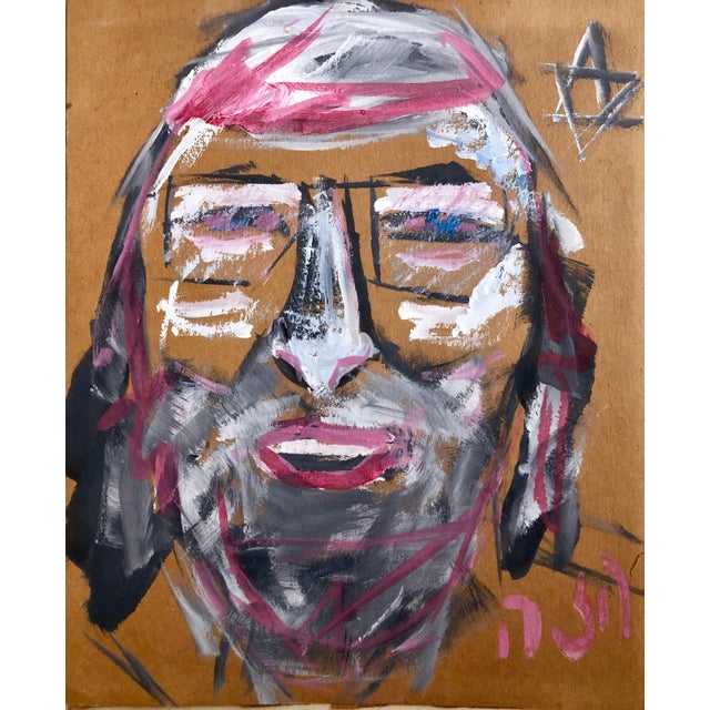 Early 20th Century Outsider Folk Art Expressionist Rabbi Israeli Painting Signed Hebrew Jewish Star For Sale - Image 5 of 7
