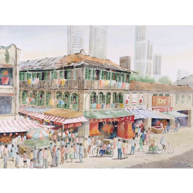 Estate Wilfred Lim Chinatown Street Scene watercolor painting. This watercolor painting by Wilfred Lim is of a Chinatown...